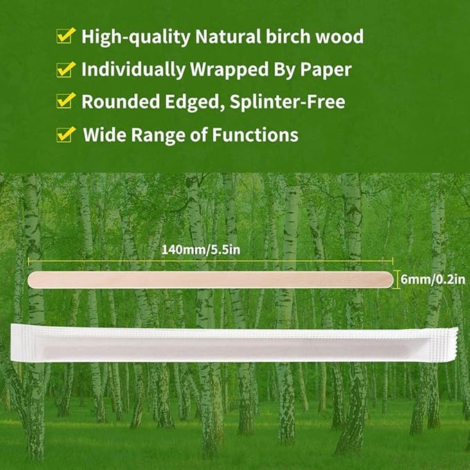 MFJUNS 500pcs Individually Wrapped Wooden Coffee Stirrers - 5.5" Coffee Stir Sticks, Round End Disposable Stir Sticks, For Coffee, Cocktail and Hot Drinks