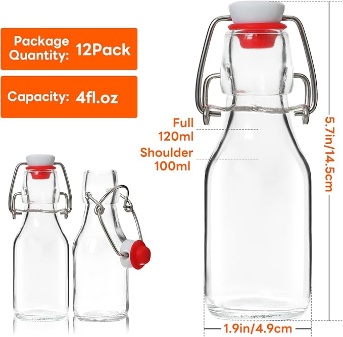 AuroTrends Swing Top Glass Bottles 4 oz 12Pack, Flip Top Glass Bottles with Airtight Flip Lids for Vanilla Extract Bottles/Home Brewing/Beverages/Oil (4 fl. oz, Set of 12)