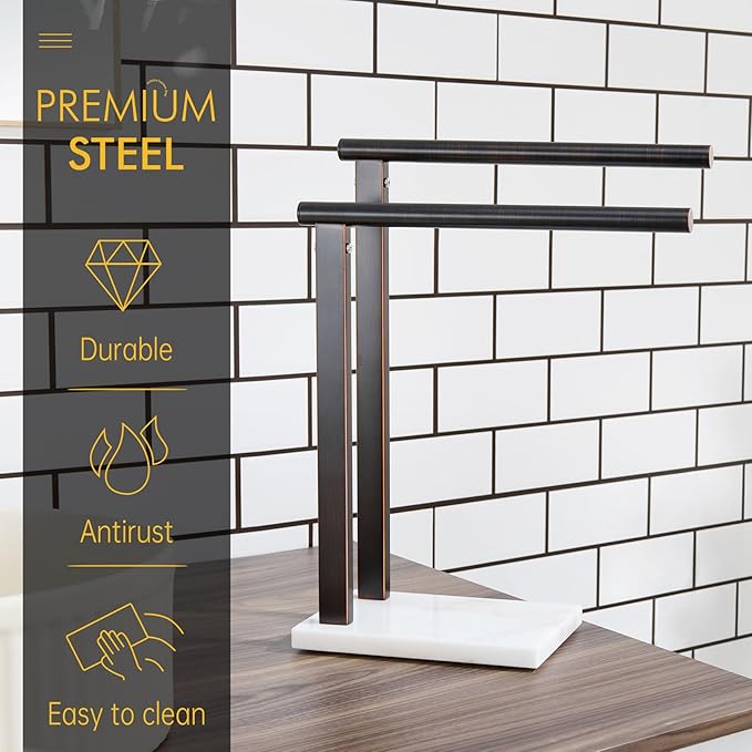 KOKOSIRI Hand Towel Bars Stand Towel Rack 2-Tier with Marble Base for Bathroom Vanity Countertop, Oil Rubbed Bronze Stainless Steel 15.7'' Height THS0007-ORB