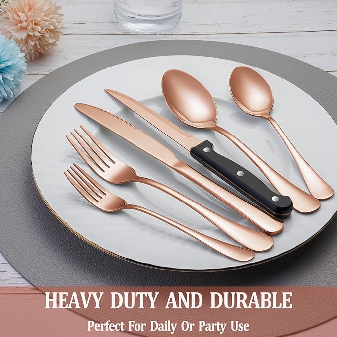 48 Pcs Rose Gold Silverware Set with Steak Knives Service for 8,Stainless Steel Flatware Set,Mirror Polished Cutlery Utensil Set, Kitchen Eating Tableware,Include Fork Knife Spoon Set,Dishwasher Safe