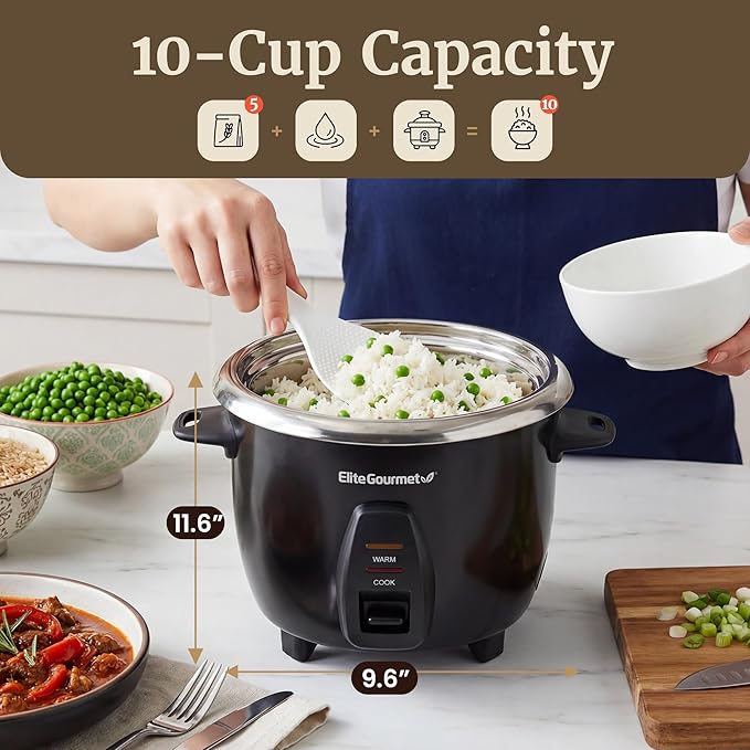 Elite Gourmet ERC2010B Electric Rice Cooker with Stainless Steel Inner Pot Makes Soups, Stews, Porridge's, Grains and Cereals, 10 cups cooked (5 Cups uncooked), Black