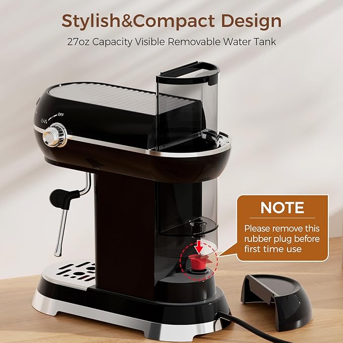 KITCHMIX Espresso Machine with Milk Frother ，20 Bar Stainless Steel Espresso Maker with Milk Frother Steam Wand, Espresso Coffee Machine with Removable Water Tank (Black)
