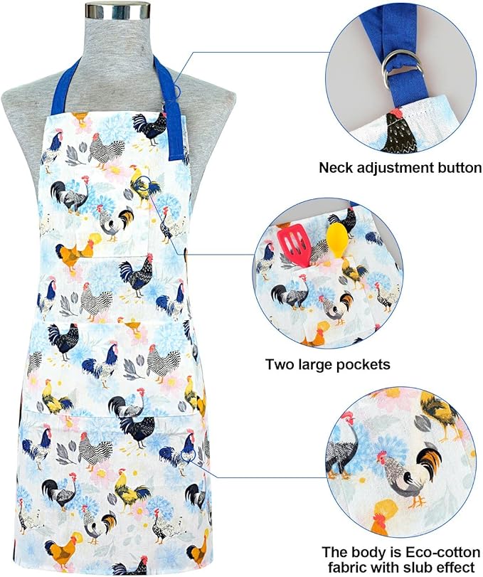 Alselo Oven Mitts and Pot Holders with Chef Apron,Set of 5 Heat Resistant Kitchen Gloves and Silicone Non-Slip Potholders Adjustable Neck Buckle Chef Apron, Cotton Nice Design for Cooking (Rooster)