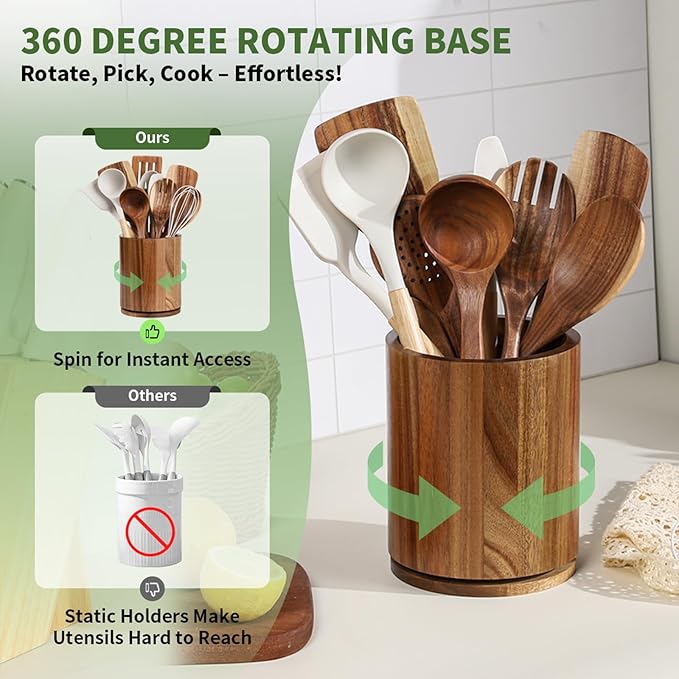 Wooden Utensil Holder, 360°Rotating 7.3'' Large Utensil Holder for Kitchen Counter, Kitchen Utensil Organizer, Utensil Crock, Farmhouse Kitchens Countertop Decor, Acacia Wood