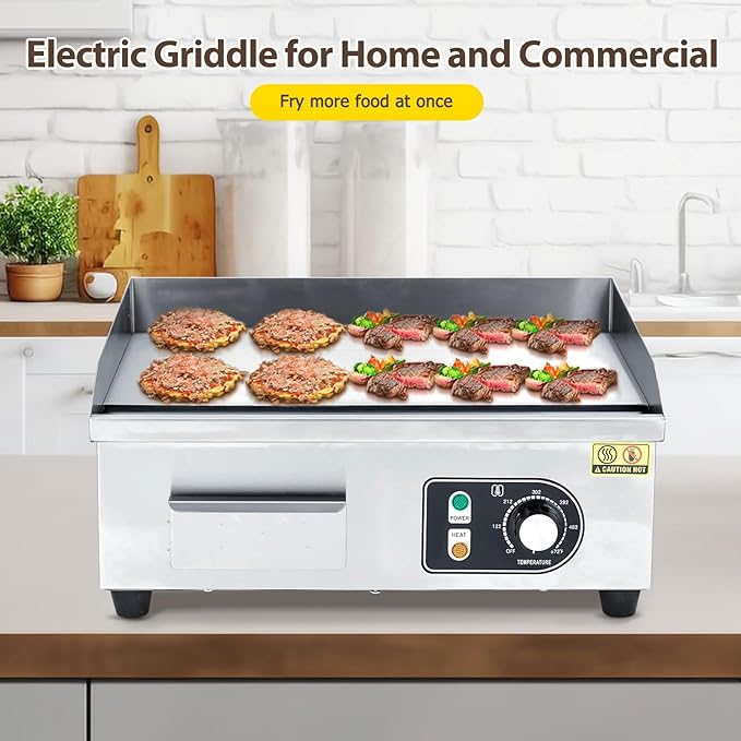 18" 1500W Stainless Steel Electric Griddle, Commercial Countertop Flat Top Grill with Adjustable 122–572°f Thermostat, Includes 2 Spatulas & Cleaning Brushes, Plug-in Grill for Indoor/Outdoor Cooking