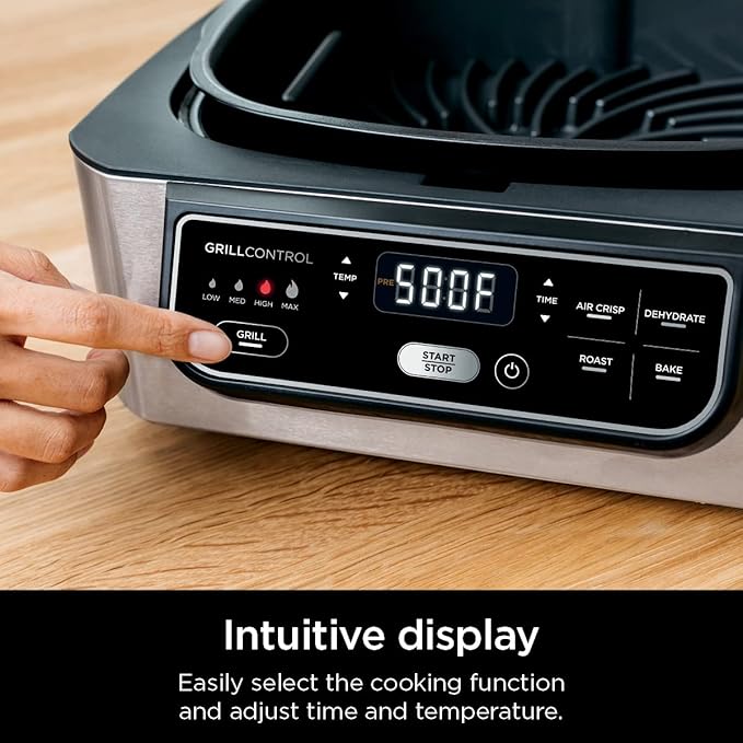 Ninja | Indoor Grill | Foodi | 5-in-1 (Grill, Air Fry, Roast, Bake, and Dehydrate | Fits up to 3lb Roast | Smoke Control System and Dishwasher Safe Parts| Black/Grey | AG301