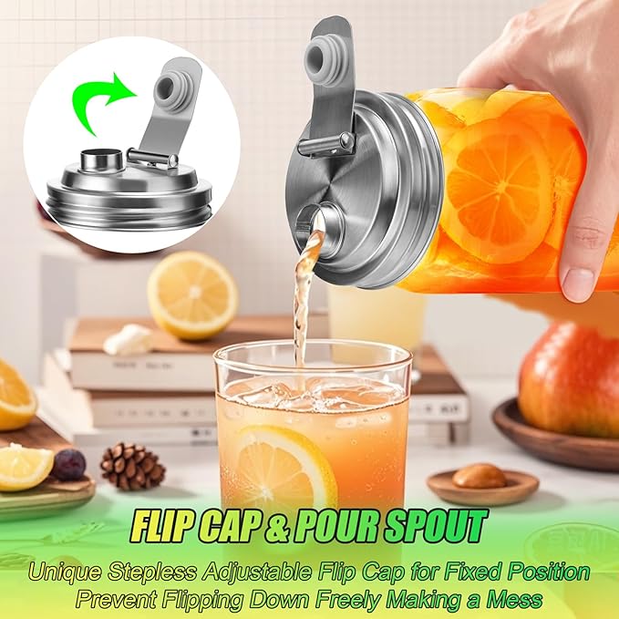 Palksky Mason Jar Pour Spout Lid Stainless Steel, Wide Mouth Pour Spout Flip Cap Lids for Mason Jars, anticracking Leak Proof Seal Cover Airtight for Drinking Salad Dressing & Food Storing(4PCS)