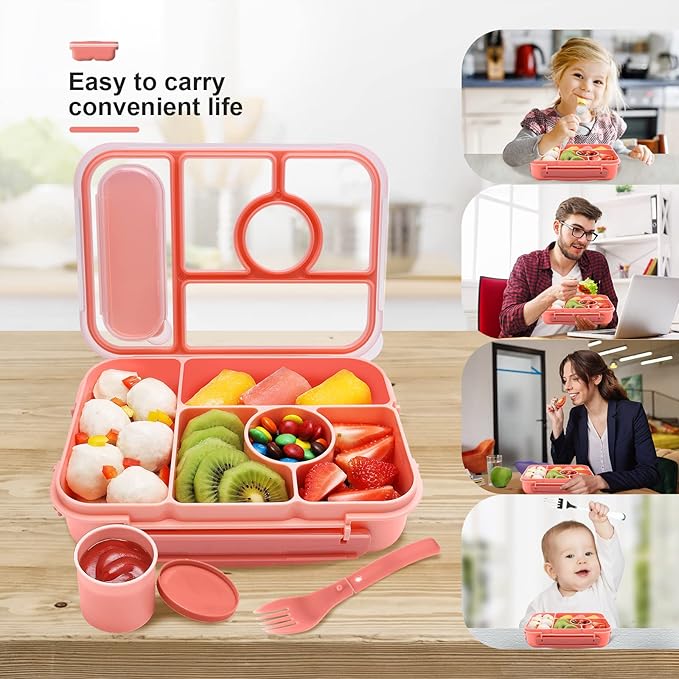 Amathley Bento Box Adult Lunch Box Kids,Lunch Containers for Adults/Kids/Toddler,5 Compartments Bento Lunch Box with Sauce Vontainers,Microwave & Dishwasher & Freezer Safe,BPA-Free (Pink)