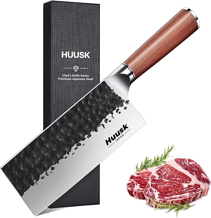 Huusk Knives from Japan, Meat Cleaver Heavy Duty Chopping Knife Hand Forged Butcher Knife for Meat Cutting Kitchen Vegetable Knives for Home, Gifts Idea for Men and Women