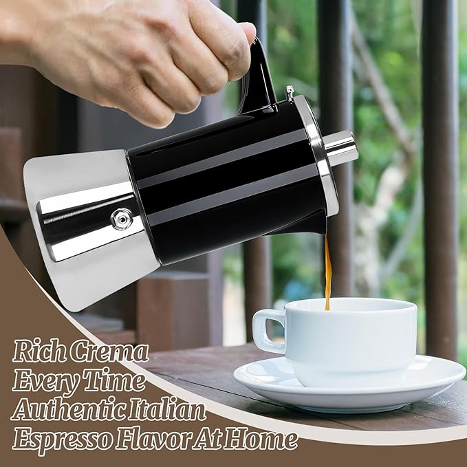 6 Cup Thickened Moka Pot 304 Stainless Steel 300ml Italian Espresso Coffee Maker Stovetop CoffeeMakers Mocha Pot Percolator for Induction Stove Classic Cafe Makers Portable for Easy Brewing