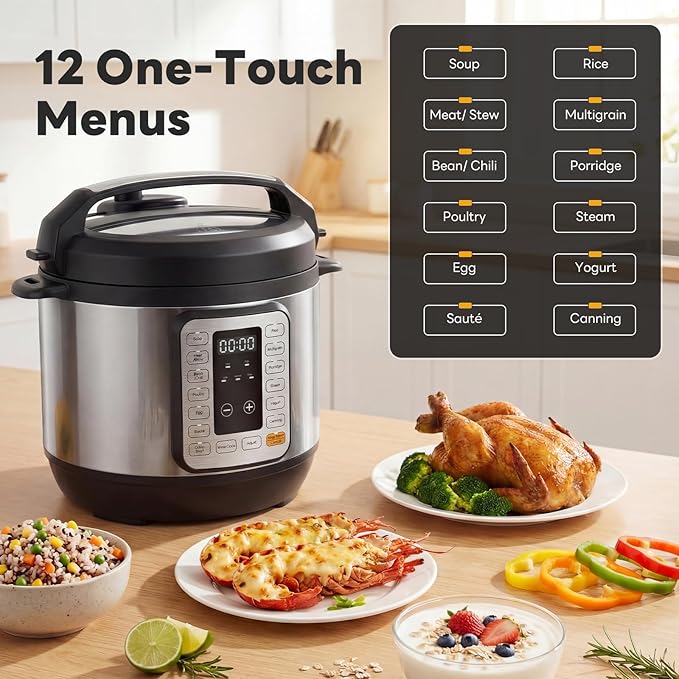 DUMOS 16-in-1 Electric Pressure Cooker, 6QT Programmable Multi Cooker with 12 One-Touch Presets, Soup Steam Yogurt and More, Ceramic Inner Pot Delay Start & Keep Warm, Includes Recipe Guide, Silver