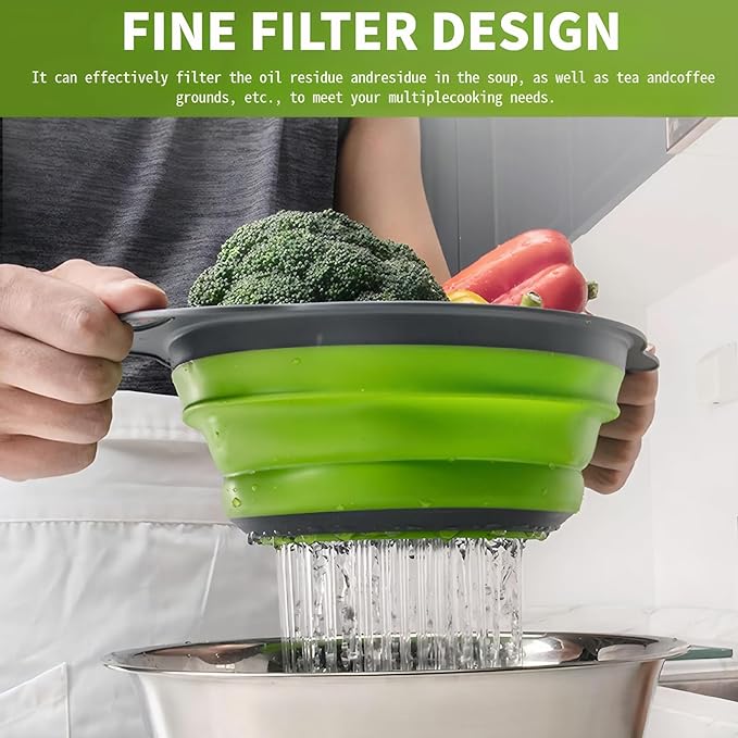 Silicone Colander Collapsible Strainers Set for Kitchen- 2 Pack (5Qt) -Over Home Draining Basket, Food Vegetables & Fruits-Dishwasher Safe, Space Saving Design (Greeen)
