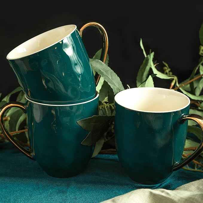 Stone Lain Florian Modern Porcelain 16 Piece Dinnerware Set, Plates and Bowls Set, Dish set for 4, Green and Golden Rim