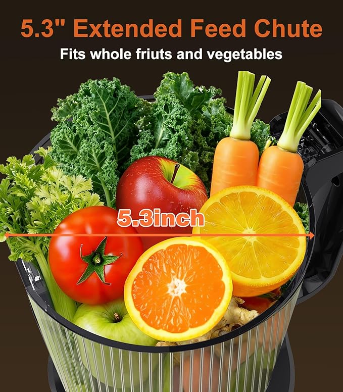 Juicer Machines, 5.3" Large Feed Chute Cold Press Juicer with Double Press Technology, 400W Motor, High Juice Yield, Easy to Clean, Masticating Juicer for Whole Vegetables & Fruits, Dark Black