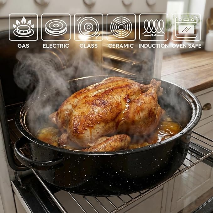Large Roasting Pan with Lid and Rack 19"Granite Turkey Roaster Pan Set Enameled Steel Design Suitable for Turkey Versatile Cooking Barbecuing,Dishwasher Safe Cookware Holiday Gifts 1