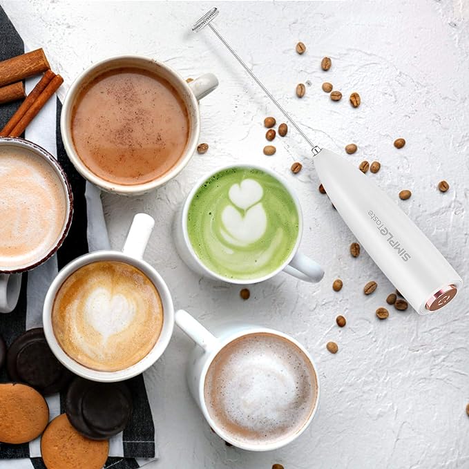 SIMPLETASTE Milk Frother Handheld Electric Foam Maker, Drink Mixer with Stainless Steel Whisk for Cappuccino, Bulletproof Coffee, Latte, White, with Stand, Battery Operated