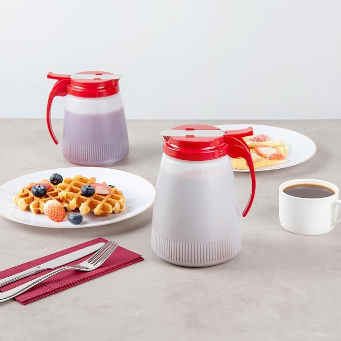 Restaurantware-Chef 101 48 Ounce All Purpose Syrup Dispenser, 1 Honey Dispenser - Red Top, Stainless Steel Slide Cover, Plastic Pancake Syrup Bottle, Perfect For Diners, Restaurants, Home