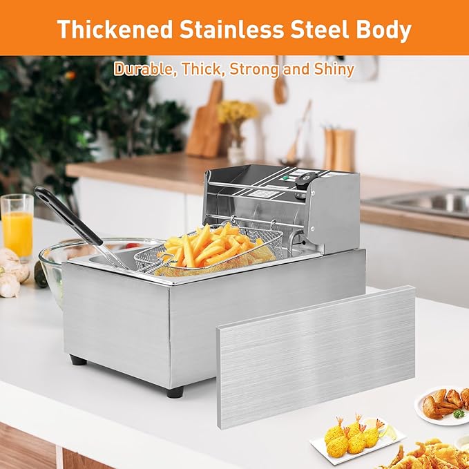 Electric Deep Fryer – 6L Large Capacity Deep Fryer with Detachable Basket, Adjustable Temperature Control, 1600W Stainless Steel Commercial Fryer for Restaurant & Home – Perfect for Chicken, Fries