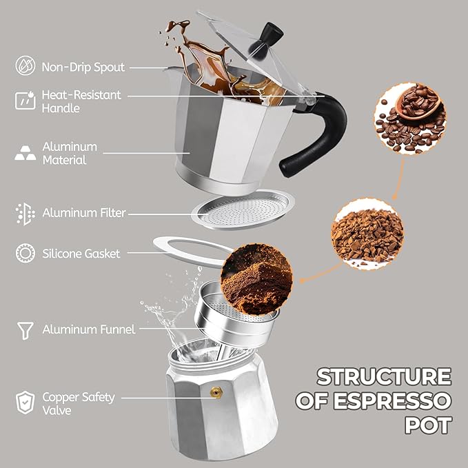Aluminum 9 Cup 450ml Moka Pot Express Coffee Maker Stovetop Espresso Percolator Coffeemaker Italian Classic Style Brewing Greca Cafe Mocha Machine for Cafeteras Lover Camping Travel and Home Use 15oz