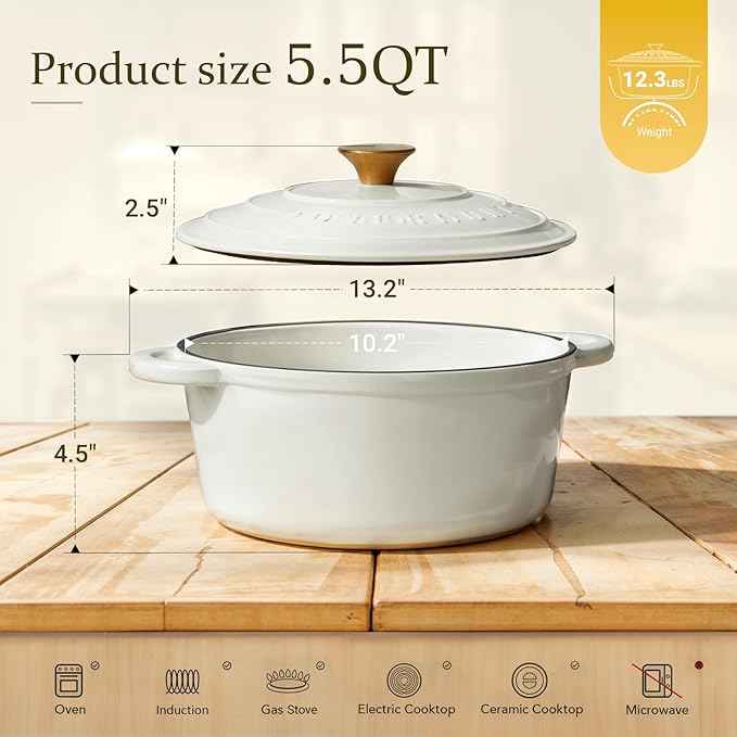 Overmont Enameled Cast Iron Dutch Oven - 5.5QT Pot with Lid Cookbook & Cotton Potholders - Heavy-Duty Cookware for Braising, Stews, Roasting, Bread Baking Pearl White