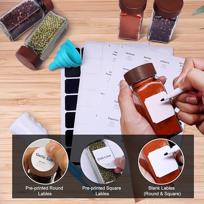 24 Pcs Spice Jars, 4oz Seasoning Containers with Acacia Wood Shaker Lids, Glass Spice Bottles with Labels, Square Seasoning Organizer, Kitchen Spice Container