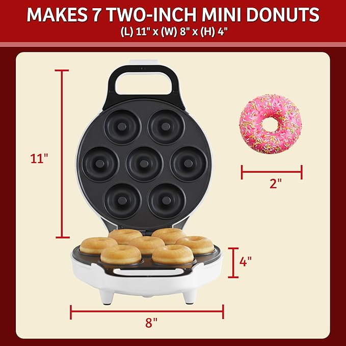 Mini Donut Maker, Durable, Nonstick Easy to Use Mini Baking Machine - Cooks 7 Mini Doughnuts at a Time - Glazed, Frosted with Sprinkles, Nuts, or Vegan Donuts, & More (White)
