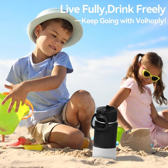 Volhoply 14oz KIds Water Bottle with Straw Lid and Silicone Boot Bulk 2 Pack,Stainless Steel Insulated Cups for Boys & Girls Multipack,Double Wall Vacuum Leakproof Bottles(black,2)