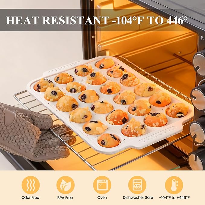 Vinino 2-Pack Silicone Mini Muffin Pan for Baking, 24 Cup Mini Cupcake Pan with Metal Reinforced Frame, Nonstick Muffin Tray with Non-Slip Handle, Silicone Molds for Oven, BPA Free, Dishwasher Safe