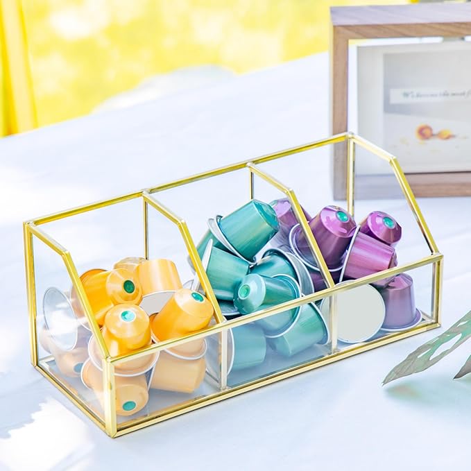 NCYP Glass Tea Bags Organizer with 3 Slots, Brass Open Display Case, Kitchen Cabinet Gold Decor Box, Indoor Counter Teabag Storage Rack, 8.7 x 3.6 x 3.6 Inches (Glass Box Only)