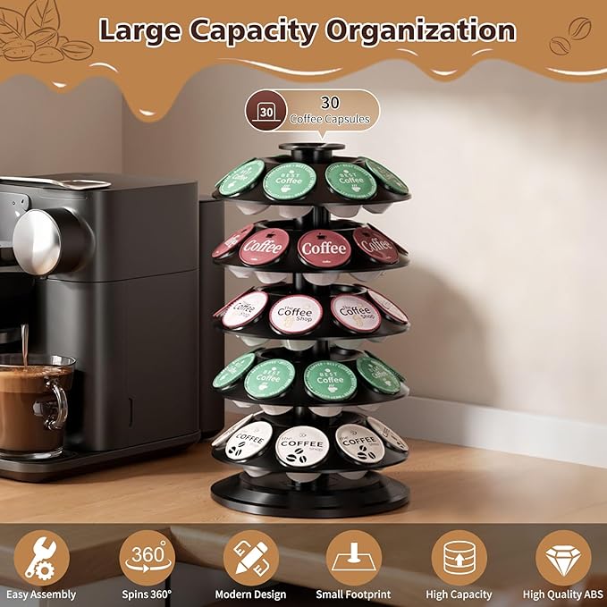 K Cup Holder, Coffee Pod Carousel Holder for 40 Keurig Pods, Also Fits Dolce Gusto Capsules, 360° Rotatable Coffee Pod Storage Organizer, New Modern Design for Home Office Counter