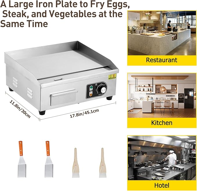 18" 1500W Commercial-Grade Stainless Steel Electric Griddle – Adjustable Temp 122-572°F, Half Flat Top Grill with 2 Shovels & Brushes, Plug Included for Indoor/Outdoor Cooking