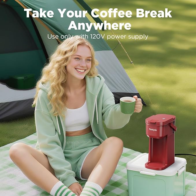 Tastyle Single Serve One Cup Coffee Maker, for K Cups and Grounds, Mini Coffee Maker with Portable Handle, 6 to 12 Oz Brew Size, for Travel, Camping, Office, RV and Dorm, 120V, Vintage Red
