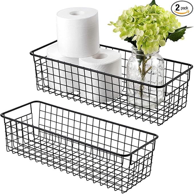 Sheechung Farmhouse Decor Metal Wire Storage Organizer Bin Basket(2 Pack) - Rustic Toilet Paper Holder - Storage Organizer for Bathroom, kitchen cabinets,Pantry, Laundry Room, Closets, Garage (Black)