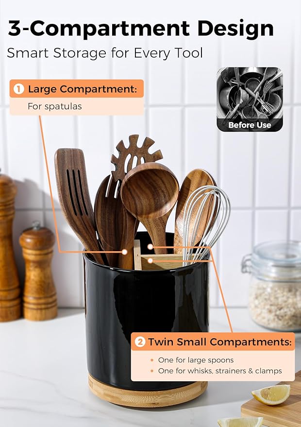 LoeJan 3 Compartment Utensil Holder, Extra Large Utensil Crock, Stable Ceramic Utensil Organizer, Cooking Tool Organizer Set for Kitchen Counter Farmhouse Decor (D-Black(Grossy))