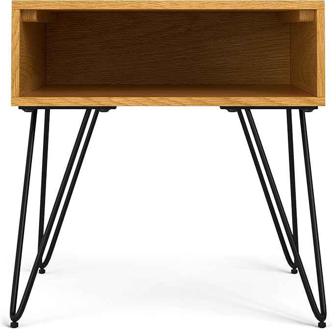 SIMPLIHOME Hunter End Table - 22 inch Wide Solid Wood Oak Veneer and Metal Square Accent Table with Open Storage Compartment and Hairpin Legs, Industrial Nightstand for Living Room or Bedroom