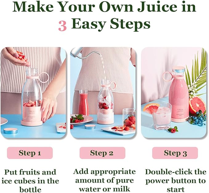Upgraded Fresh Juice Blender Bottle Portable, Juicer Portable Blender Shake, 380ML USB/Magnetic Charging for Shakes and Smoothies, with Travel Cup and Lid (Pink,USB charging)