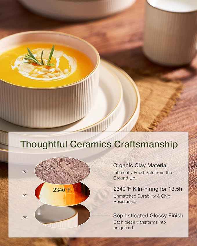 Famiware Star Dinnerware Set with Pasta Bowls, Service for 4 (16pcs), Ribbed Stoneware Plates and Bowls Dishes Sets with Trim - Chip & Scratch Resistant, Microwave & Dishwasher Safe, White