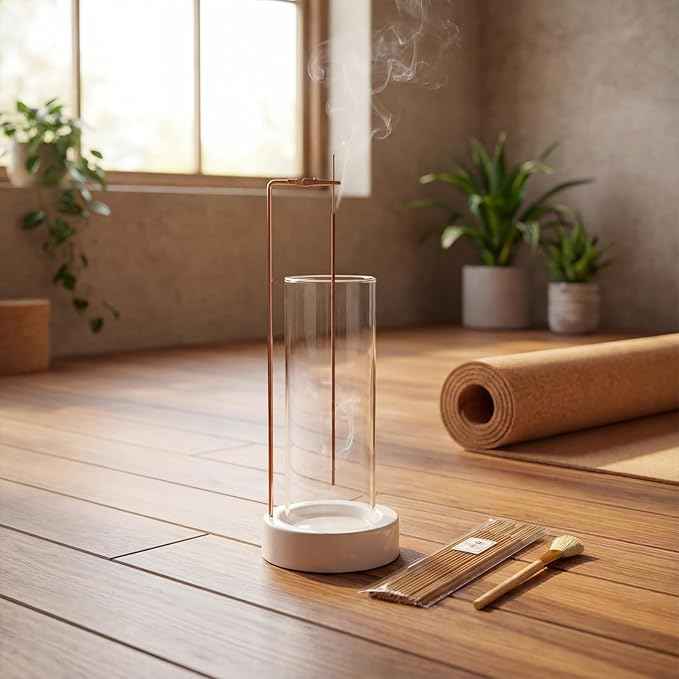 CEREMONY Incense Holder, Ceramic Incense Holder for Sticks with Glass Ash Catcher, Incense Burner for Meditation Yoga Spa Room Decor(Beige)