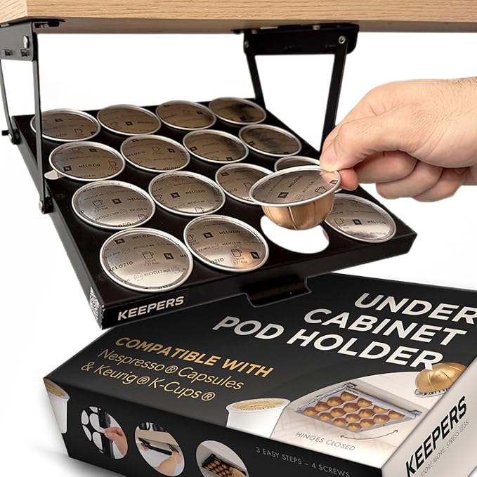 KEEPERS Nespresso® Vertuo® Pod Holder|Under Cabinet Swing Down Coffee Pod Organizer|Keurig® Coffee Pod Holder|K Cup Holder Storage Organizer|Magnet Steel RV Office Small Kitchen 10x9in BLACK