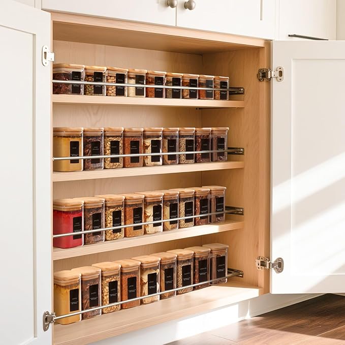 ComSaf 12Pcs Spice Jars with Labels, Glass Jar with Bamboo Lid, 10oz Airtight Square Containers with Black Lables, Empty Seasoning Jars for Spice, Salt, Pepper, Sugar