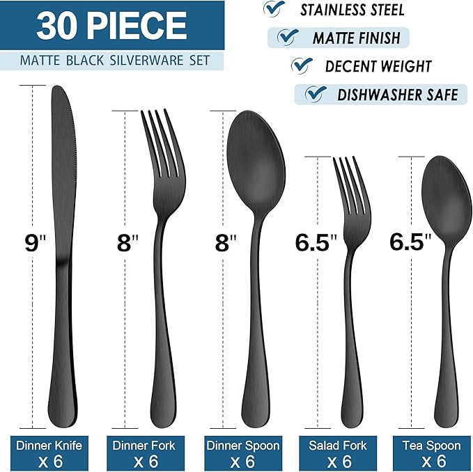 LIANYU 30 Piece Matte Black Silverware Set, Satin Finish Black Flatware Cutlery Set for 6, Stainless Steel Kitchen Utensil Tableware for Home Restaurant Party, Dishwasher Safe