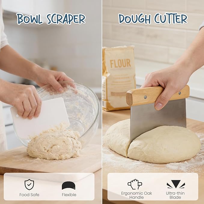 RORECAY Bread Banneton Proofing Basket Set, 9 Inch Round & 10 Inch Oval Cane Sourdough Baskets with Dough Whisk Lame Dough Scraper Bowl Scraper Silicone Brush Sourdough Bread Baking Supplies