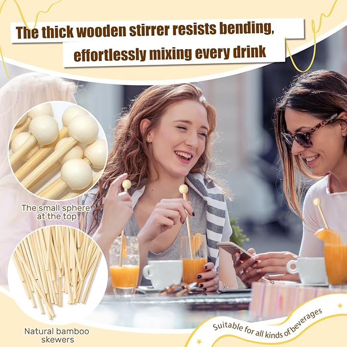 100PCS Rock Candy Sticks with Ball Tips,6 Inch Wood Swizzles Sticks,Natural Wood Cake & Drink Stirrer Sticks for Lollipop Coffee Appetizer Skewers (Multi-color)