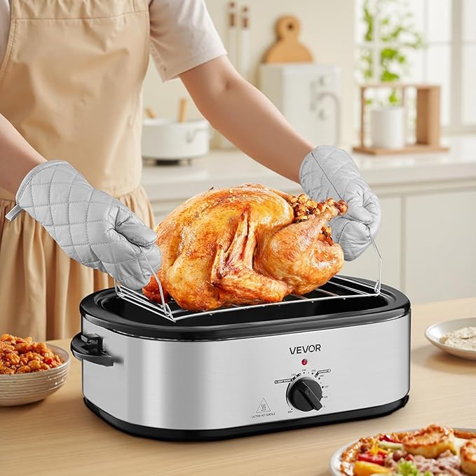 VEVOR Roaster Oven, 20QT Electric Roasting Pan, 150-450℉ Adjustable Temperature Fast-Cooking Turkey Roaster, Turkey Oven with Self-Basting Lid, Defrost & Warm Function for Home, Fits 24lb Turkey