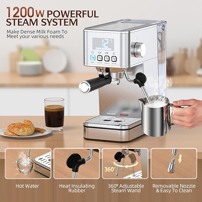 Espresso Machine 20 Bar, Stainless Compact Espresso Maker with Steam Milk Frother, 57.5OZ Water Tank, Touch Screen Indicator of Making Time, for Latte, Cappuccino, Silver Give to Family 2026