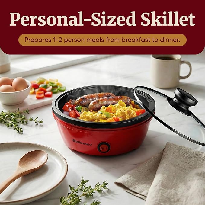 Elite Gourmet EGL-6101 Personal Stir Fry Griddle Pan, Rapid Heat Up, 650 Watts Non-stick Electric Skillet with Tempered Glass Lid, Red