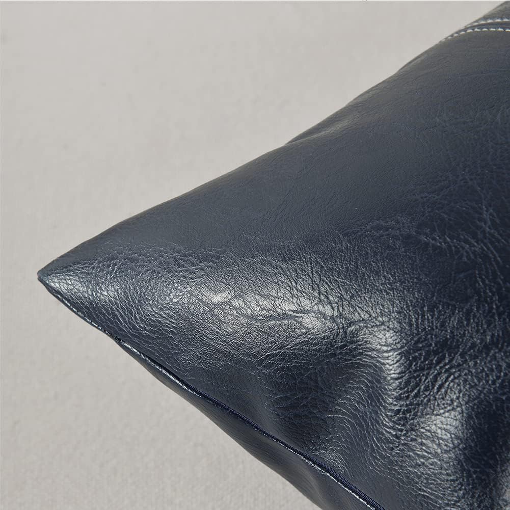 Fancy Homi Navy Blue Long Lumbar Faux Leather Decorative Throw Pillow Covers 12x24 Inch for Outdoor Couch Bed, Modern Farmhouse Boho Home Decor, Blue Hand Stitched Cushion Case 30x60 cm