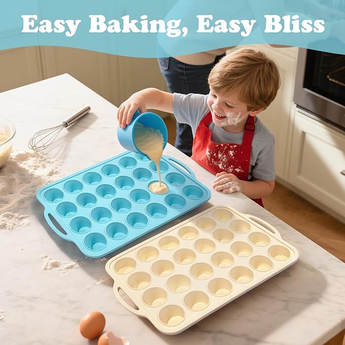 Silicone Mini Muffin Pan with Frame: Nonstick 24 Muffin Tins for Easy Release Baking Egg Bites & Small Cups English mcmuffin - 2-Pack BPA Free Cupcake Pan Oven Safe Molds for Family and Home Bakers