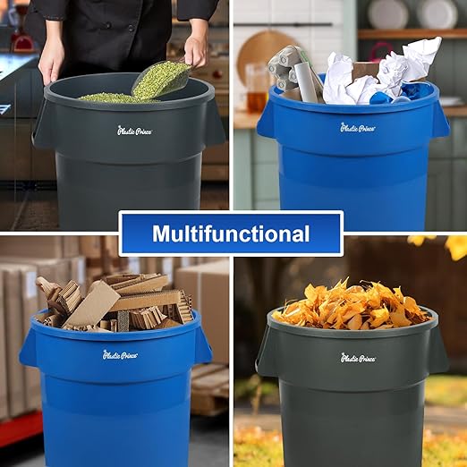 PLASTIC PRINCE 32 Gallon Round Trash Can Container with Lid Gray Plastic Commercial Garbage Bin for Home Garage Restaurants Warehouses