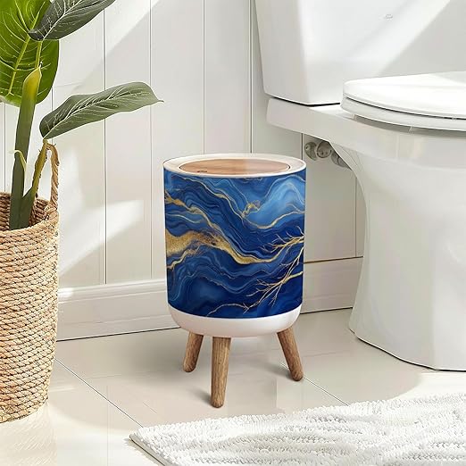 Trash Can with Lid abstract blue marble golden veins painted artificial marbled surface Press Top Round Small Garbage Bin with Wooden Legs Waste Basket for Kitchen Bedroom Nursery 7L/1.8 Gallon